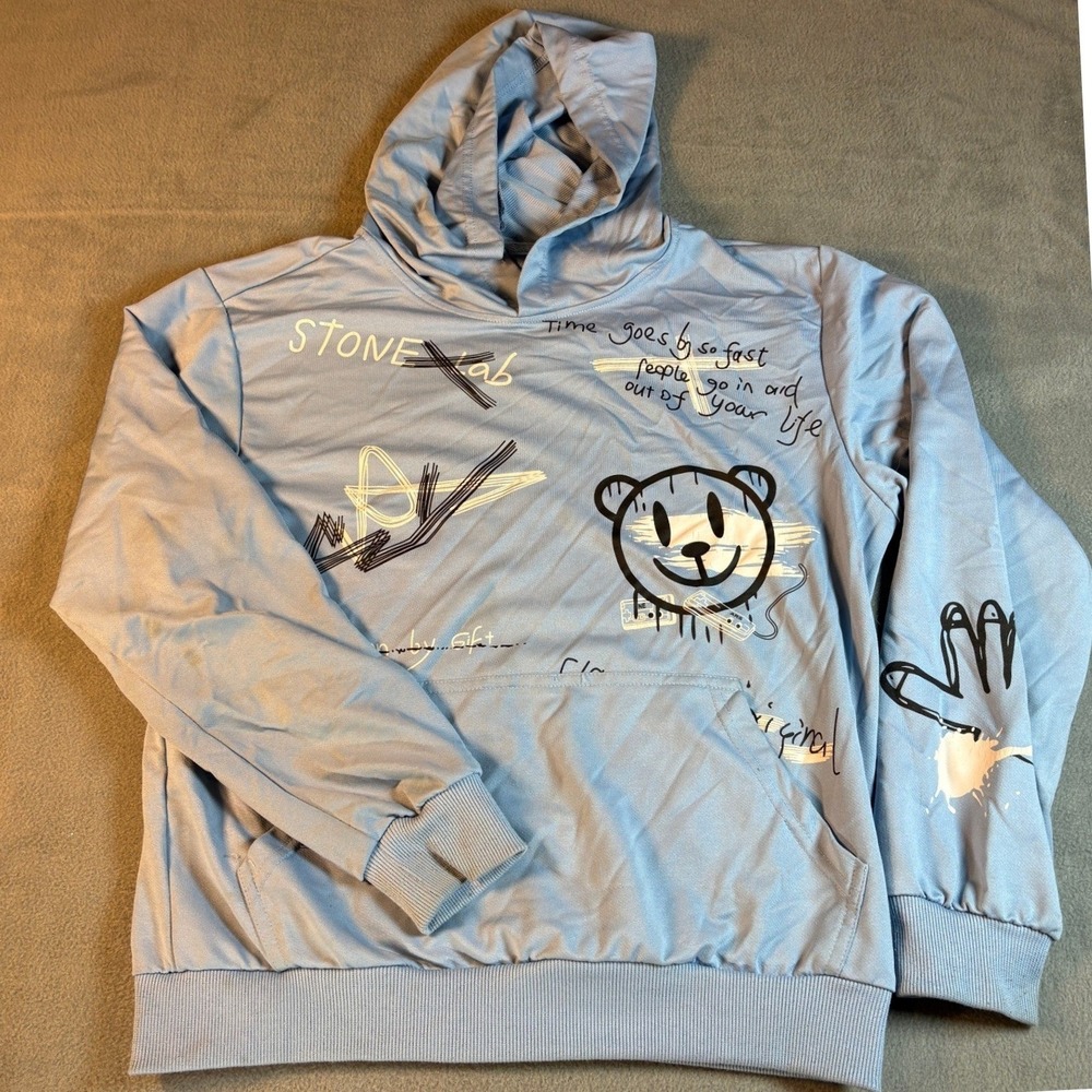 Stone Lab Light Blue Graffiti Bear Graphic Hoodie Sweatshirt Streetwear Mens L
